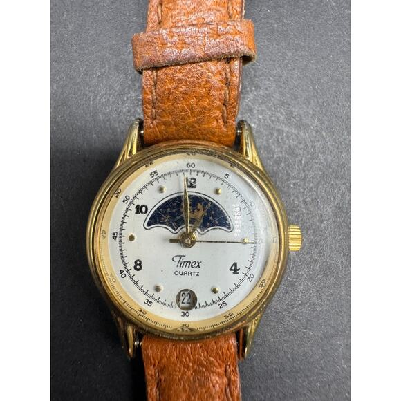 Vintage Timex Womens Watch 28mm Gold Tone Moon Phase Brown Leather New Battery VINTAGE TIMEX DATE ELEGANT MOON PHASE DIAL | Mercari main image 4